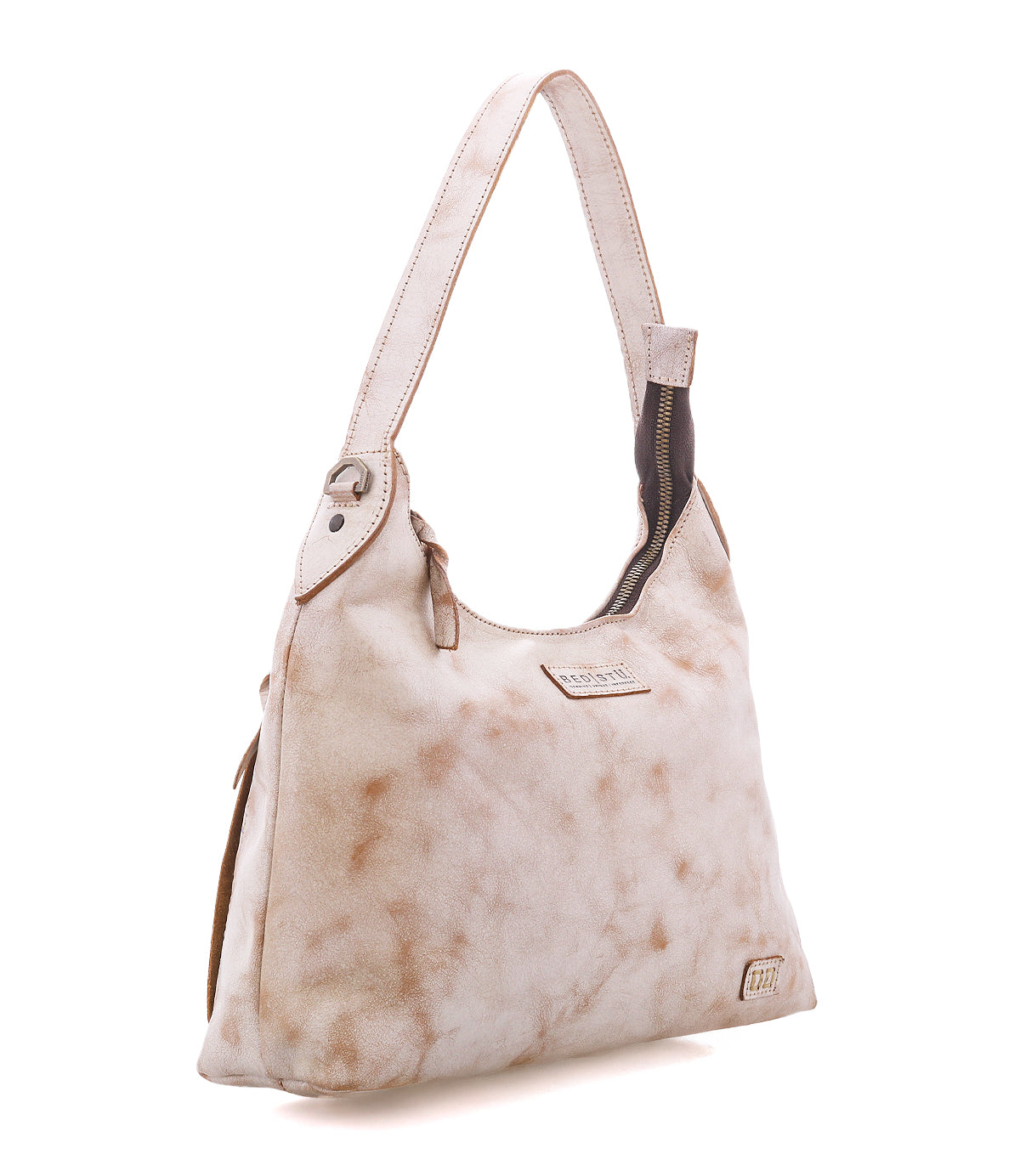 Off-white, organized full-grain leather Bed|Stü Decatur LTC hobo bag with a mottled pattern, a single shoulder strap, and an exposed top zipper.