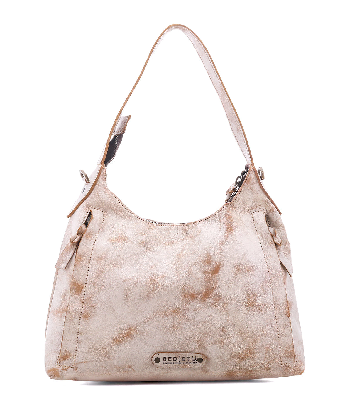 A small, mottled light-colored full-grain leather Decatur LTC hobo bag with a single shoulder strap and a branded metal plate at the base.
