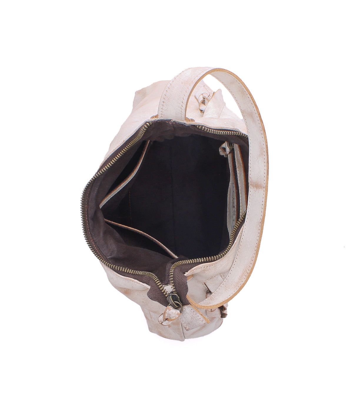 Top-down view of a light-colored full-grain leather Decatur LTC hobo bag with a dark brown interior lining and a single shoulder strap.