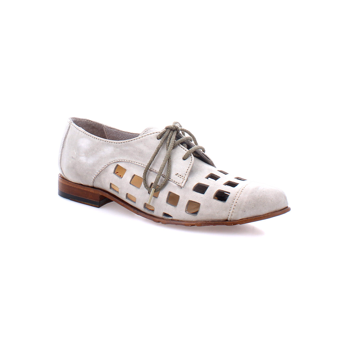 A stylish, handcrafted-in-Italy white lace-up Decoy derby from Bed Stu with bold square cutouts on the sides, a brown sole, and a slight heel.