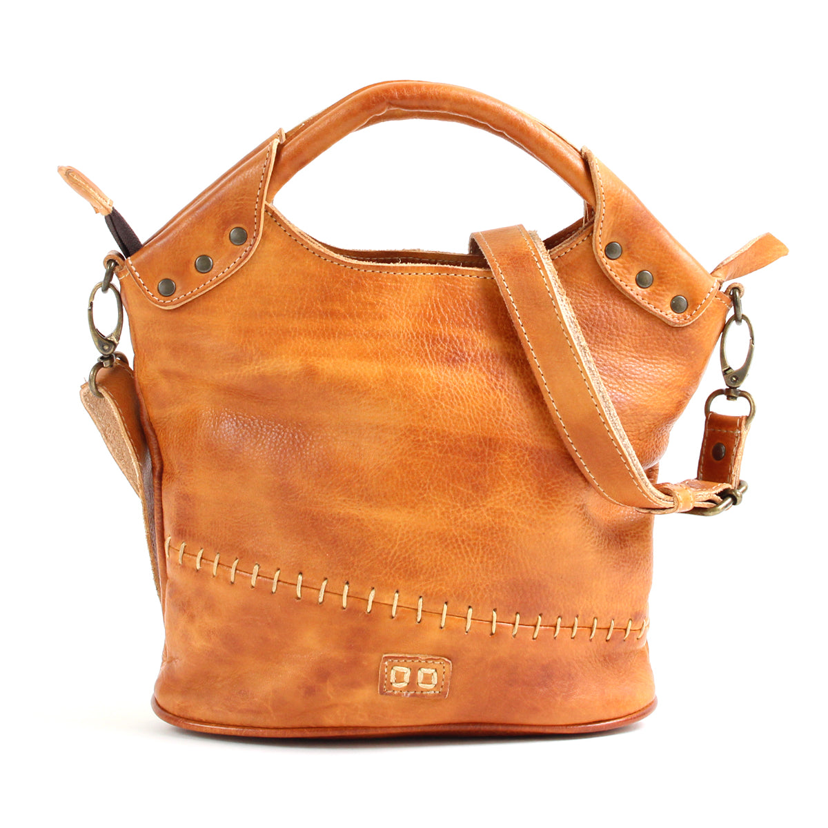 Bed Stu Delilah, a tan leather handbag with studs and handles, exudes carefree versatility and compact cuteness.