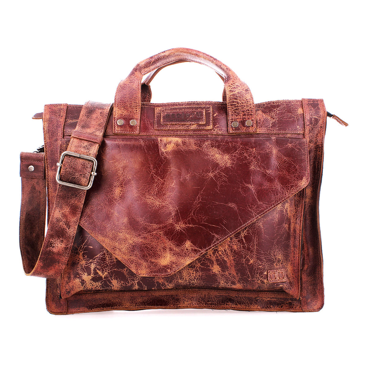 The Bed Stu Depp is a minimalist distressed brown leather messenger bag with a front flap pocket, top handles, and an adjustable shoulder strap—ideal as a work bag or stylish briefcase.