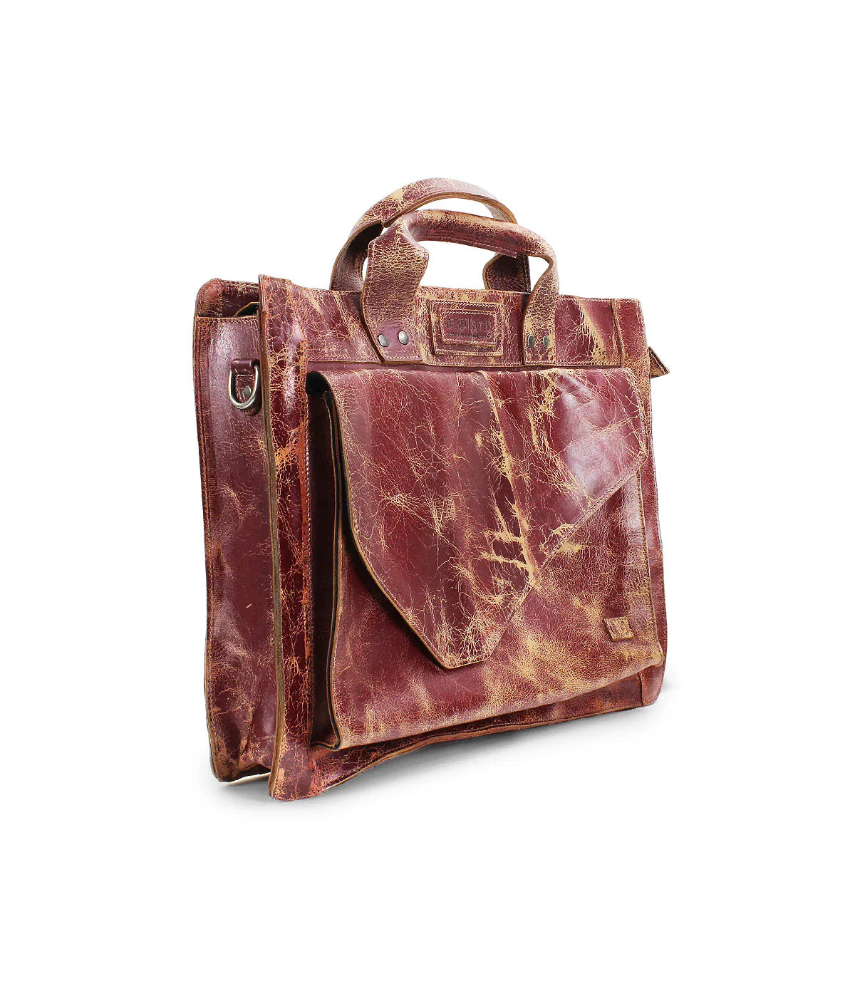 The Bed Stu Depp is a minimalist distressed brown leather briefcase featuring a large front pocket, handles, and a shoulder strap attachment ring, displayed against a white background.