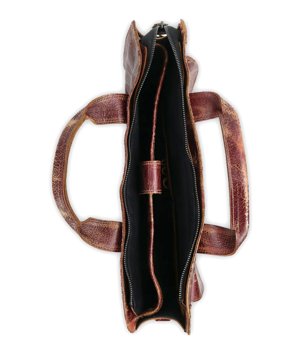 Top view of the Bed Stu Depp: a minimalist brown leather work bag with two handles, featuring a spacious main compartment and inner pocket, all lined with sleek black fabric.