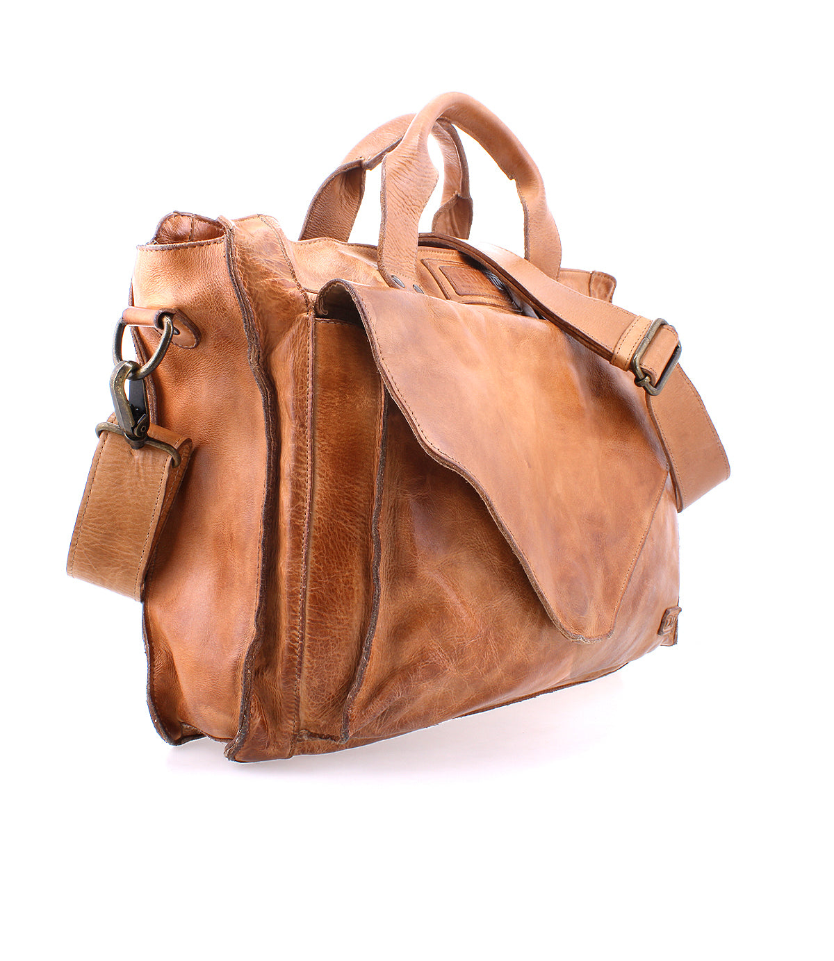 A Depp bag by Bed Stu, made of tan leather with a shoulder strap for belongings.