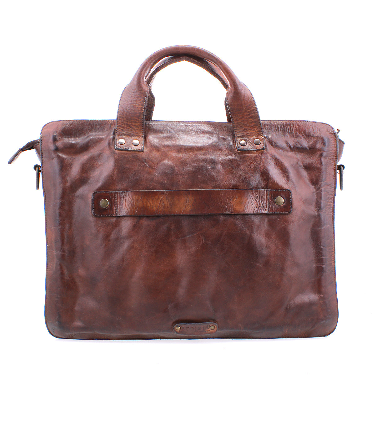 An organized Bed Stu brown leather briefcase with two handles to securely carry belongings.