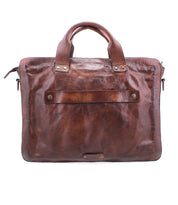 An organized Bed Stu brown leather briefcase with two handles to securely carry belongings.