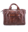 An organized Bed Stu brown leather briefcase with two handles to securely carry belongings.