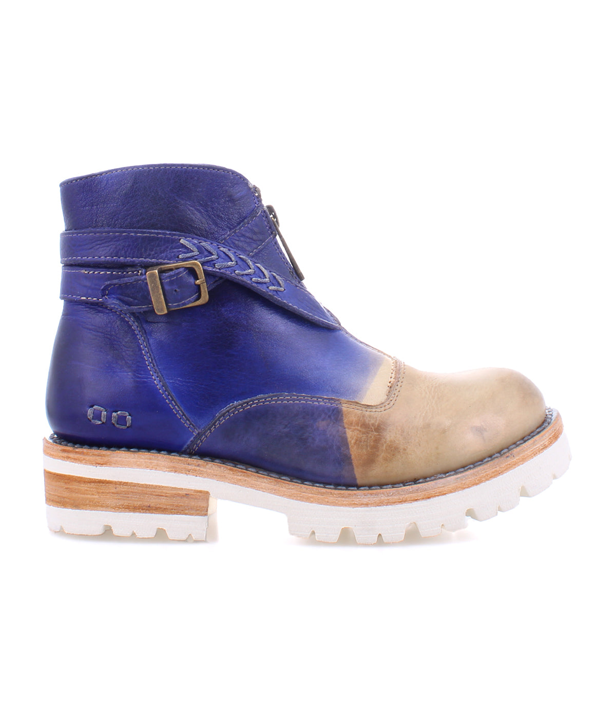 A lightweight blue leather ankle boot with crisscross straps and a white sole, called the Dessa made by Bed Stu.