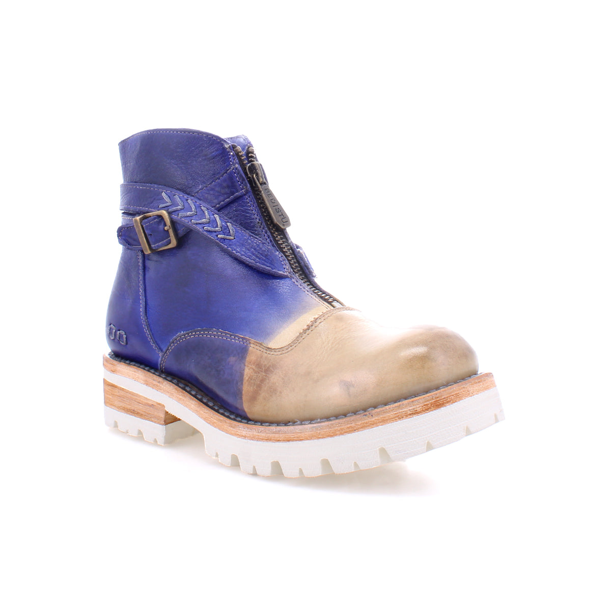A Dessa ankle boot from Bed Stu, made of blue leather and featuring crisscross straps for added comfort.