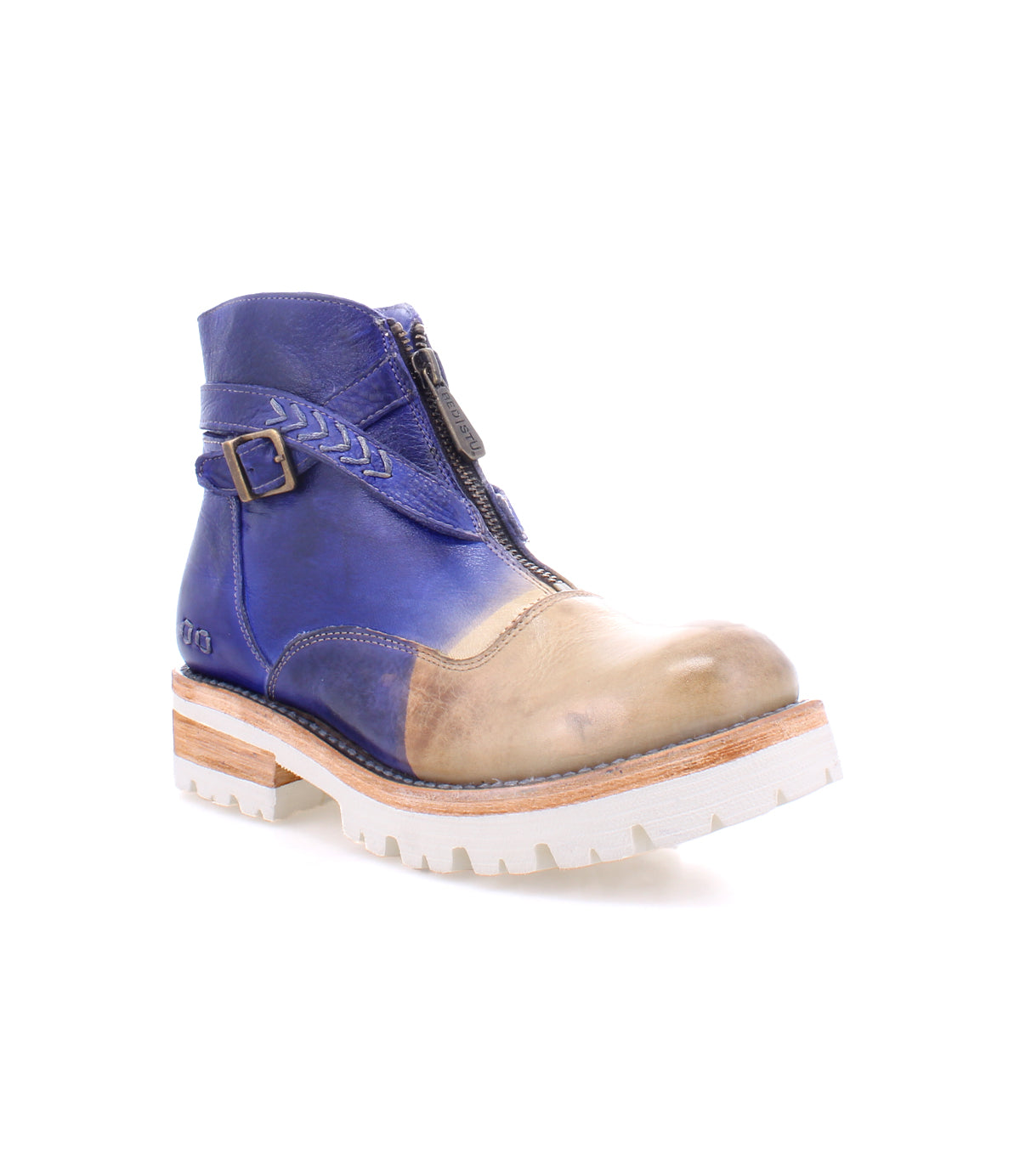A Dessa ankle boot from Bed Stu, made of blue leather and featuring crisscross straps for added comfort.