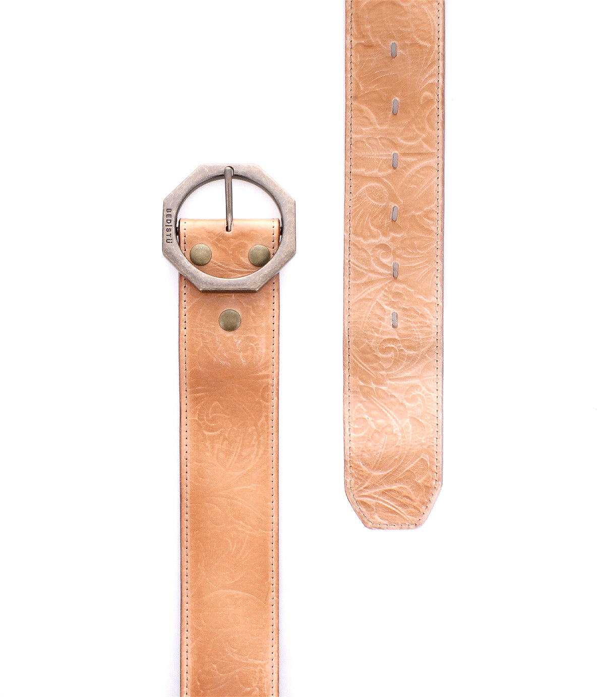 The Bed Stu Dreampath EM is a wide genuine leather belt with a textured pattern, an octagon metal buckle, and gold-tone rivets, shown with both the end and buckle side by side on a white background.