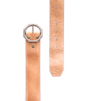 The Bed Stu Dreampath EM is a wide genuine leather belt with a textured pattern, an octagon metal buckle, and gold-tone rivets, shown with both the end and buckle side by side on a white background.