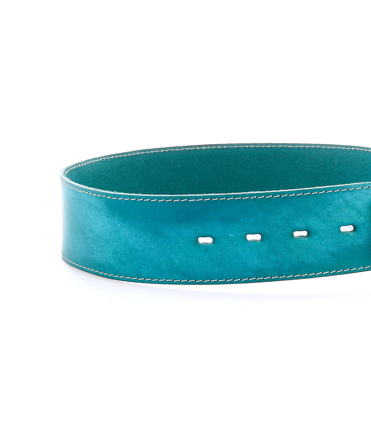 The Bed Stu Dreampath belt is a wide, teal genuine leather accessory with white stitching and four rectangular holes, designed for rugged durability against a white background.
