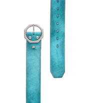 The Bed Stu Dreampath is a wide turquoise genuine leather belt featuring white stitching, a silver octagon buckle, and multiple rectangular holes for rugged durability and easy adjustment.