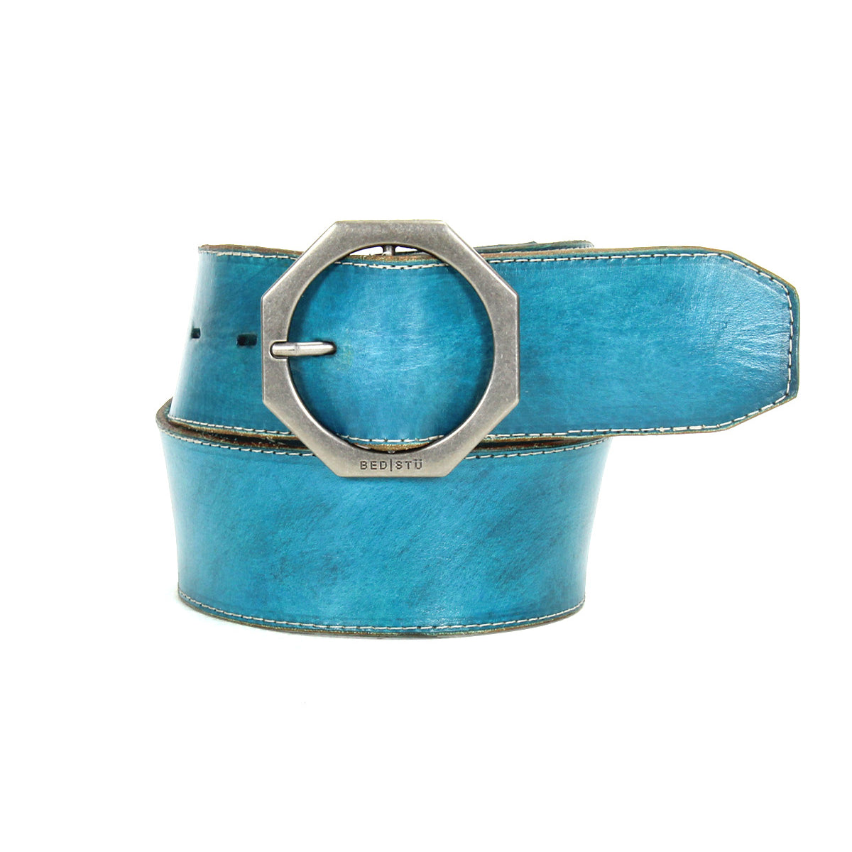 The Bed Stu Dreampath is a wide blue genuine leather belt with visible stitching, rugged durability, and a large octagonal metal buckle.