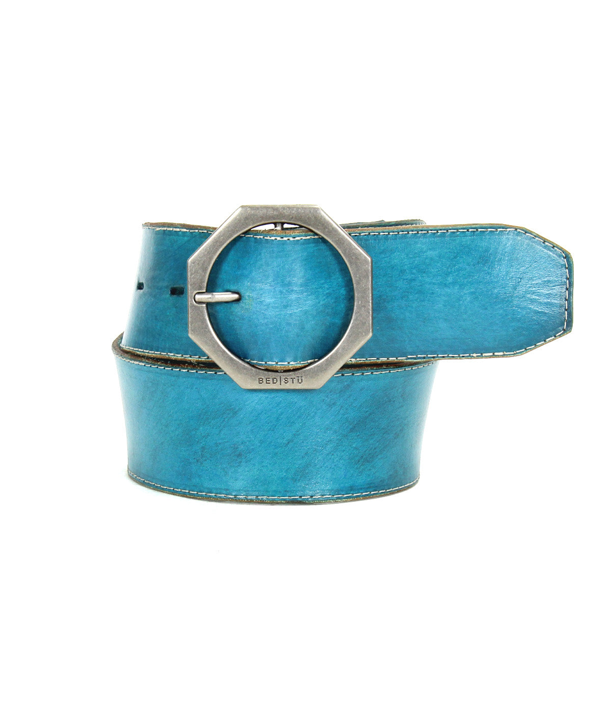 The Bed Stu Dreampath is a wide blue genuine leather belt with visible stitching, rugged durability, and a large octagonal metal buckle.