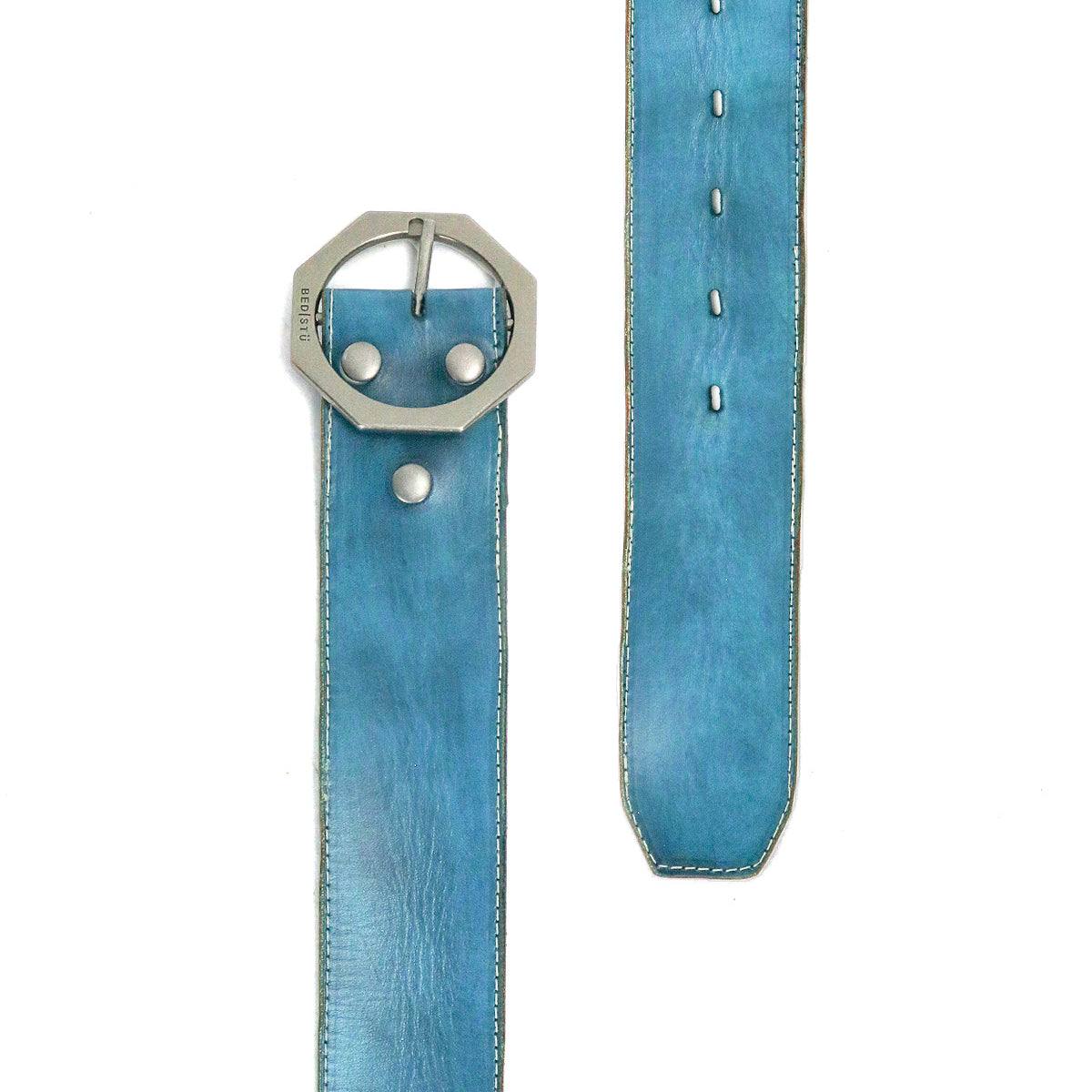 The Bed Stu Dreampath is a wide blue genuine leather belt with an octagon metal buckle and multiple adjustment holes, shown flat on a white background.