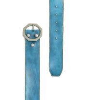 The Bed Stu Dreampath is a wide blue genuine leather belt with an octagon metal buckle and multiple adjustment holes, shown flat on a white background.
