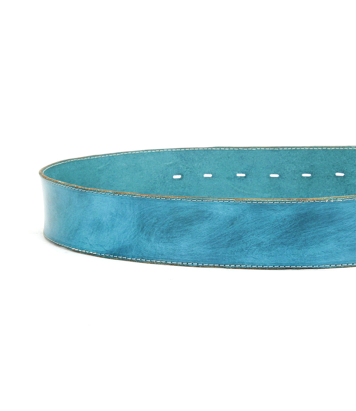 A close-up of the Bed Stu Dreampath genuine leather belt in blue, showcasing visible stitching, multiple adjustment holes, and an octagon metal buckle.