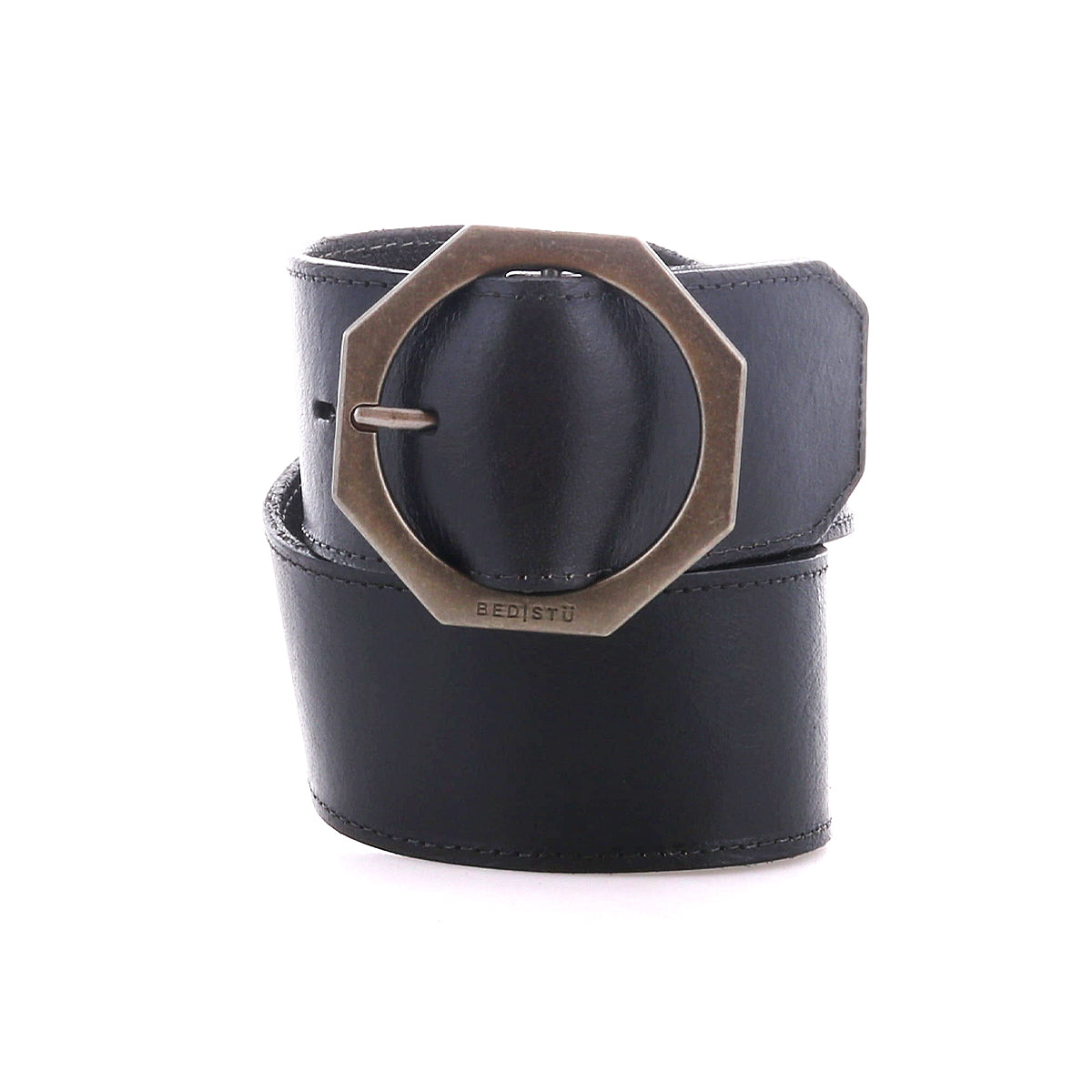 The Bed Stu Dreampath is a genuine leather belt featuring a bold, matte metal octagon buckle, displayed on a crisp white background.