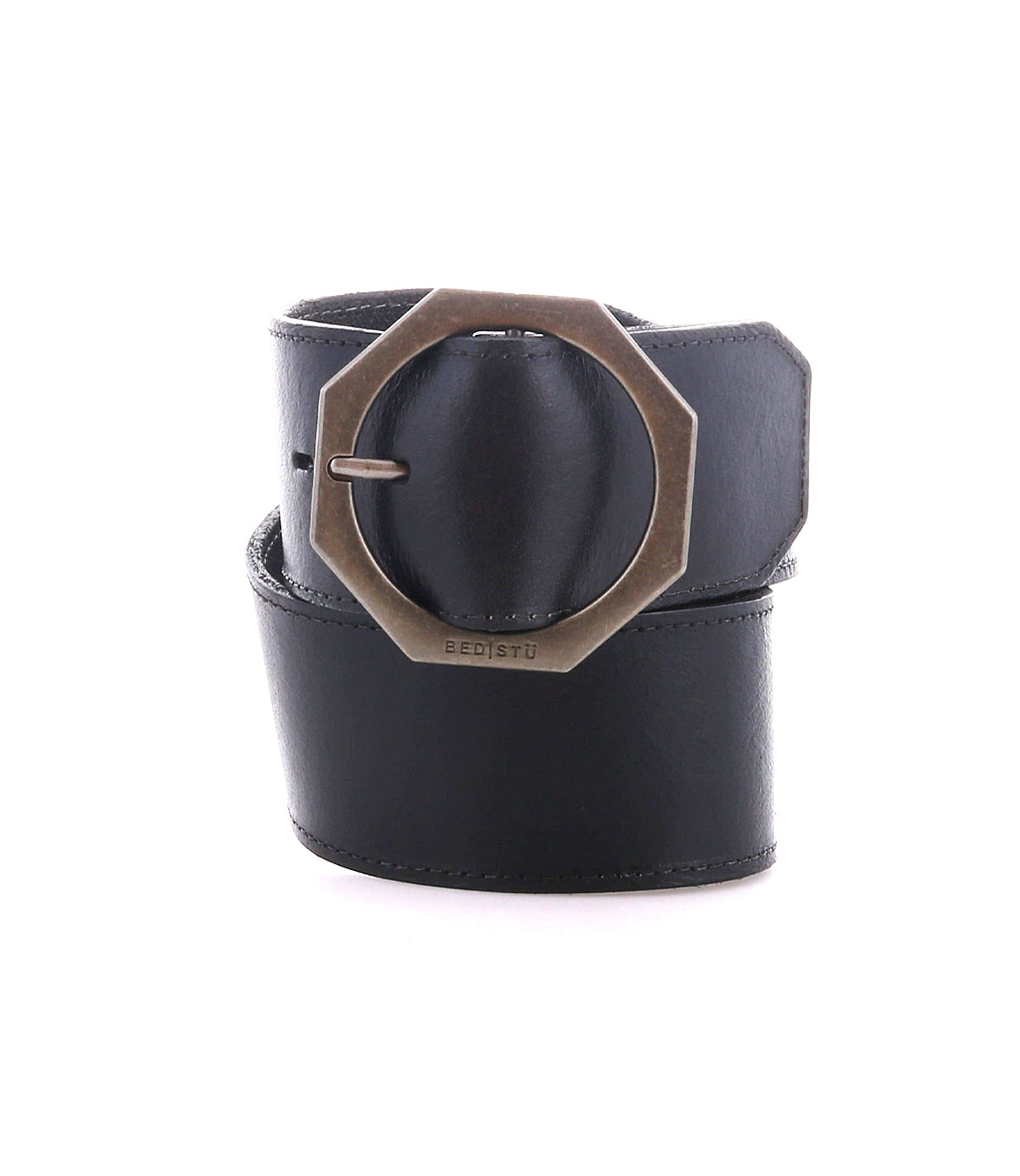 The Bed Stu Dreampath is a genuine leather belt featuring a bold, matte metal octagon buckle, displayed on a crisp white background.