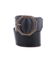 The Bed Stu Dreampath is a genuine leather belt featuring a bold, matte metal octagon buckle, displayed on a crisp white background.