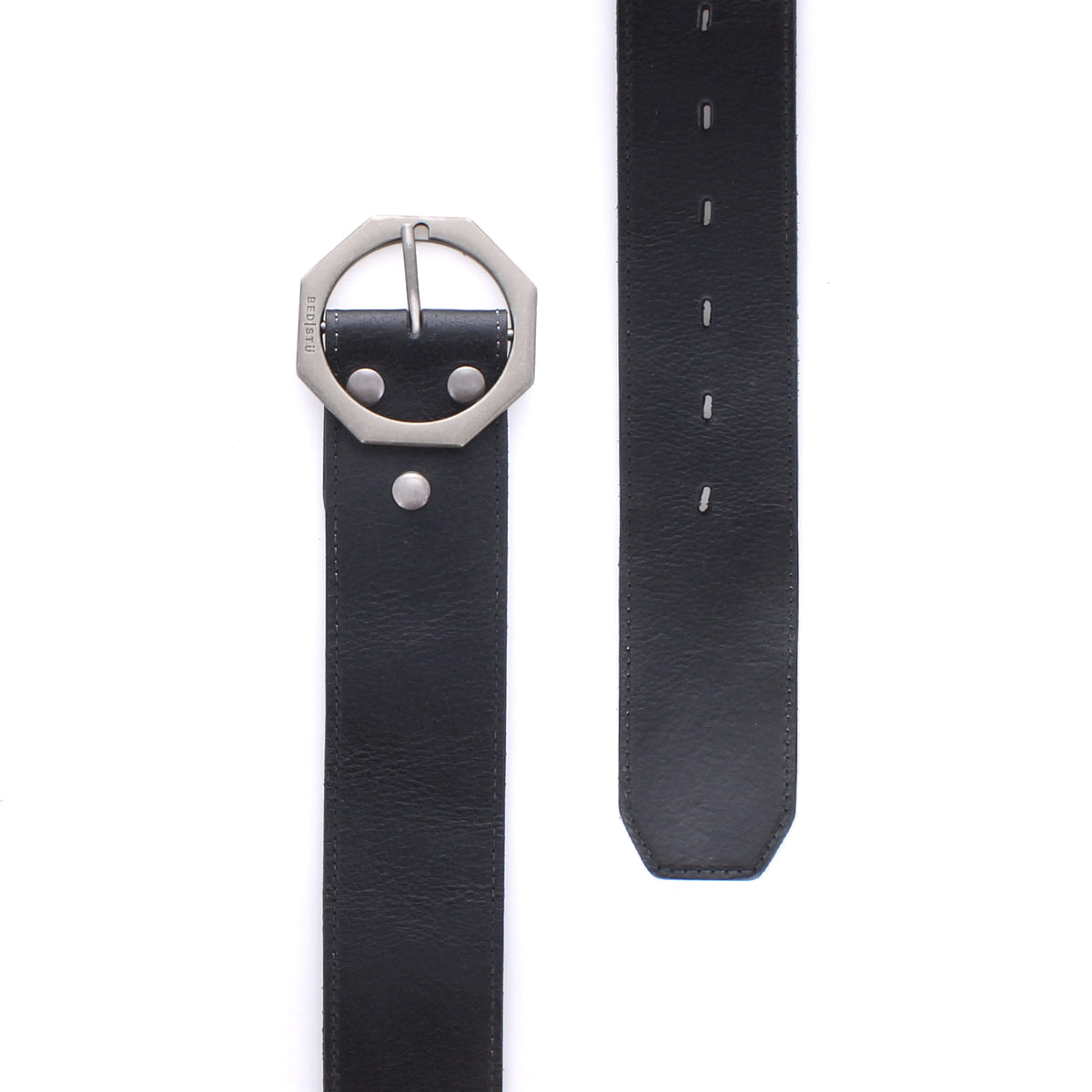 The Bed Stu Dreampath belt is crafted from genuine leather and features a sleek octagon buckle with slanted rectangle-shaped holes for a modern look.