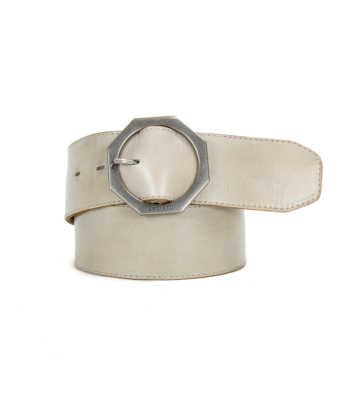 The Bed Stu Dreampath is a wide beige genuine leather belt with rugged durability, featuring an octagon metal buckle, shown coiled on a white background.