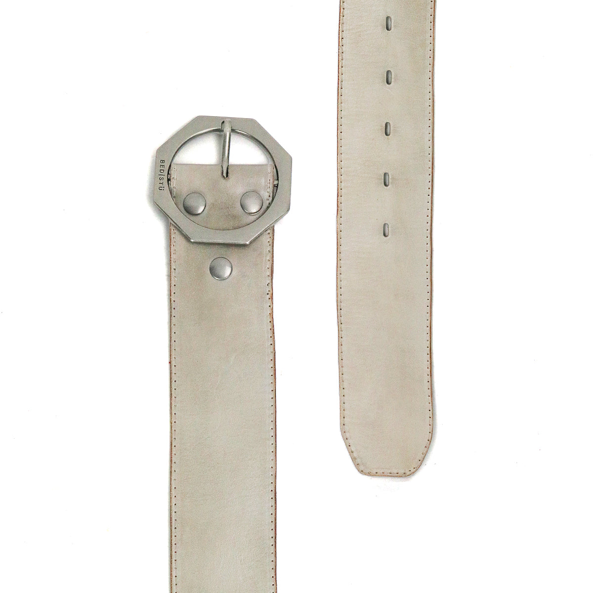 The Dreampath by Bed Stu is a wide, light gray genuine leather belt featuring an octagon metal buckle and multiple adjustment holes, displayed flat to show both the buckle and pointed end.