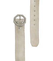 The Dreampath by Bed Stu is a wide, light gray genuine leather belt featuring an octagon metal buckle and multiple adjustment holes, displayed flat to show both the buckle and pointed end.