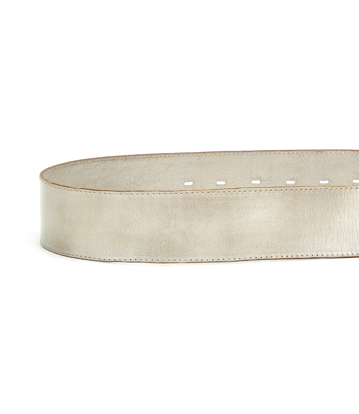 A close-up of the Bed Stu Dreampath genuine leather belt in metallic silver, showing detailed edge stitching, multiple adjustment holes, and an octagonal metal buckle.