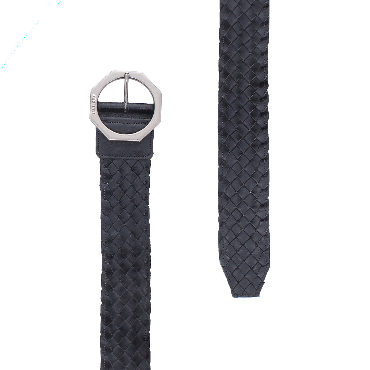 The Bed Stu Dreamweaver is a black woven leather belt with vintage charm, featuring a geometric silver buckle, displayed from top and full length on a white background.