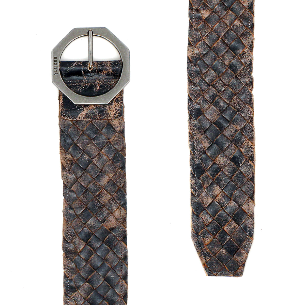 A close-up of the Bed Stu Dreamweaver belt, showcasing distressed leather with a woven design and a bold octagonal metal buckle.