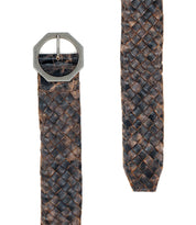 A close-up of the Bed Stu Dreamweaver belt, showcasing distressed leather with a woven design and a bold octagonal metal buckle.