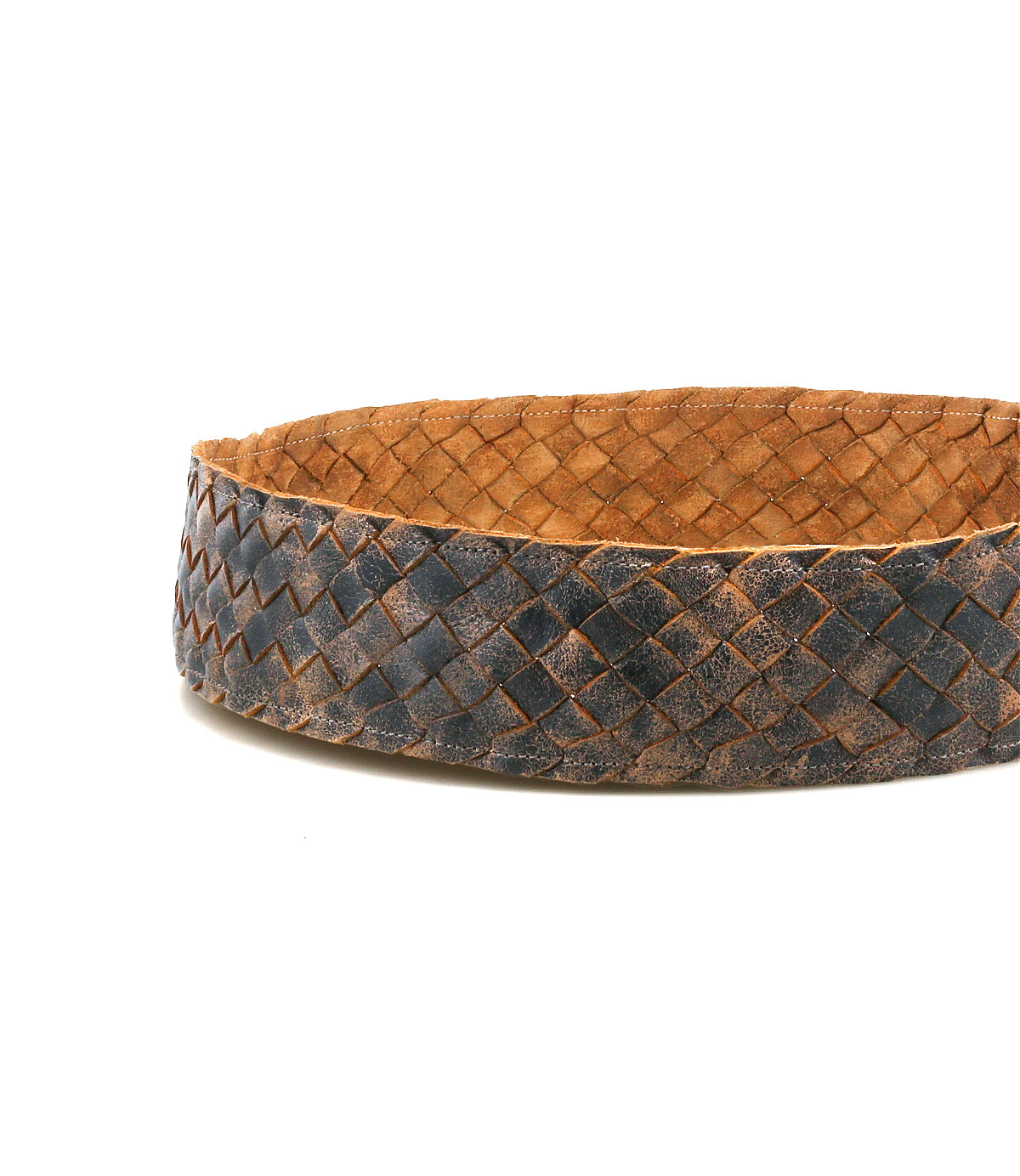 The Bed Stu Dreamweaver belt features woven brown and black distressed leather in a circular display, highlighted by a statement metal buckle against a white background.