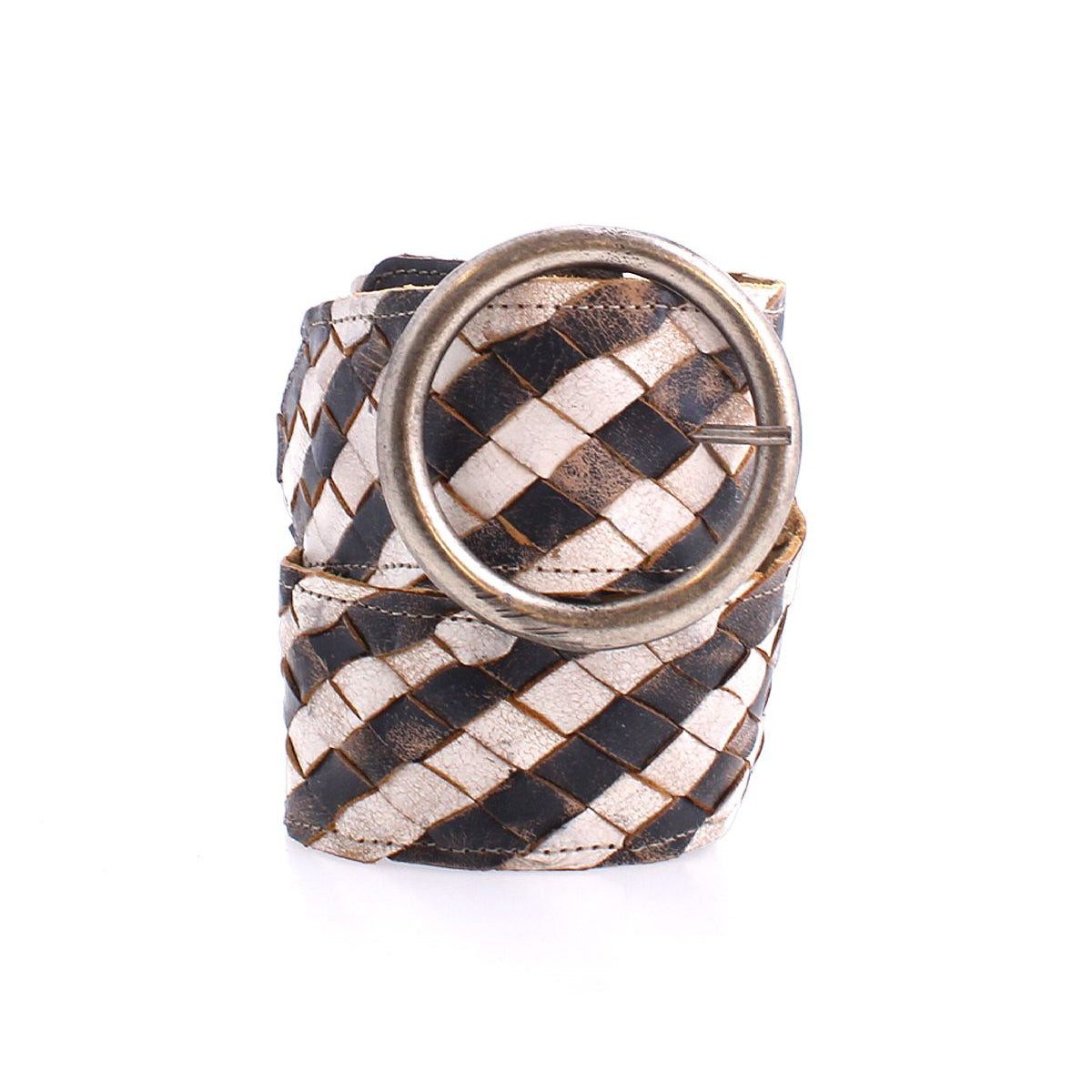 Introducing the Dreamweaver by Bed Stu—a woven belt rolled with a captivating black and white checkered design, adorned with a large brass-tone buckle that exudes a vintage allure.