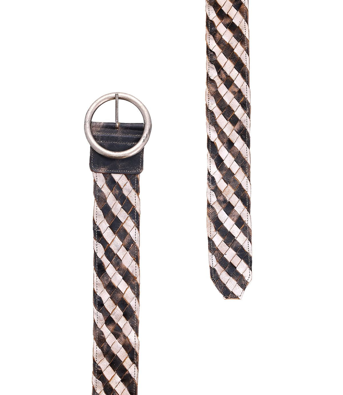 The Dreamweaver by Bed Stu is a woven leather belt with vintage allure, showcasing a round brass-tone buckle and a black and brown checkered pattern.