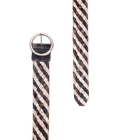 The Dreamweaver by Bed Stu is a woven leather belt with vintage allure, showcasing a round brass-tone buckle and a black and brown checkered pattern.
