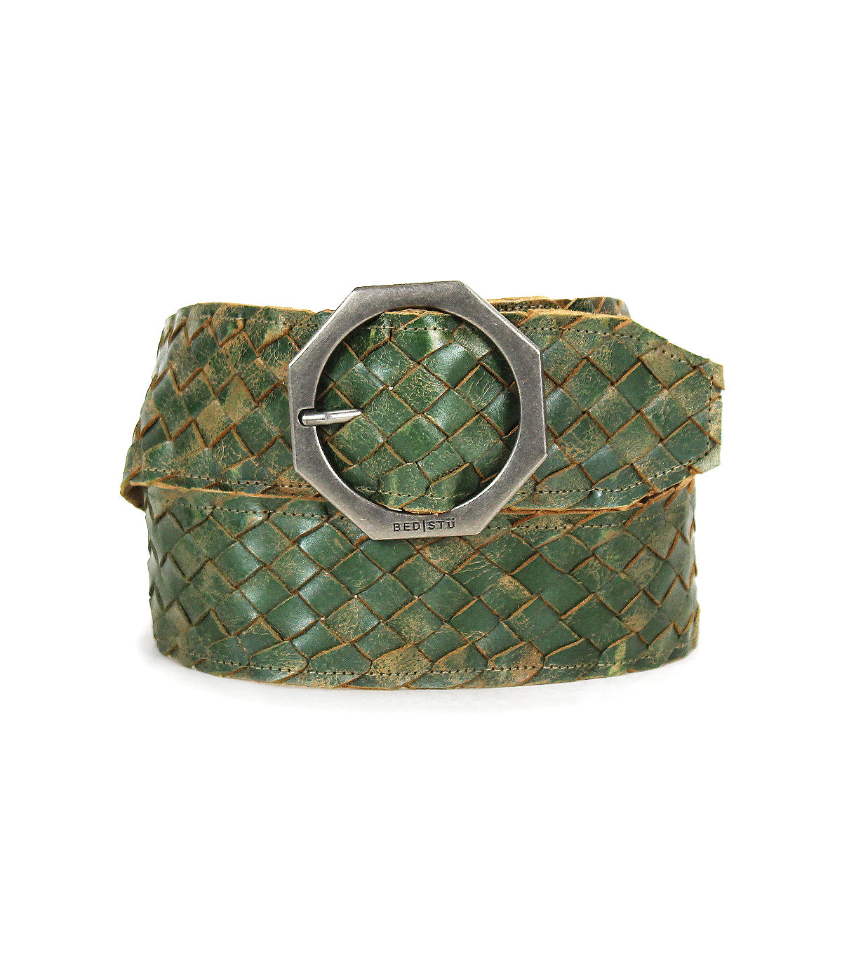 The Bed Stu Dreamweaver is a green woven leather belt featuring a wide strap and a bold, silver-toned octagonal buckle—perfect for bringing vintage boho flair to any outfit.