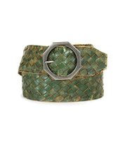 The Bed Stu Dreamweaver is a green woven leather belt featuring a wide strap and a bold, silver-toned octagonal buckle—perfect for bringing vintage boho flair to any outfit.