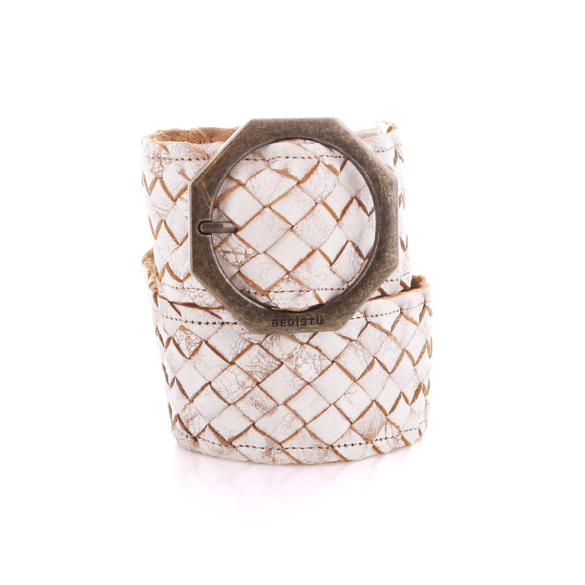 The Bed Stu Dreamweaver is a wide, white vintage-inspired woven leather belt with a large octagonal metal buckle, shown against a white background.