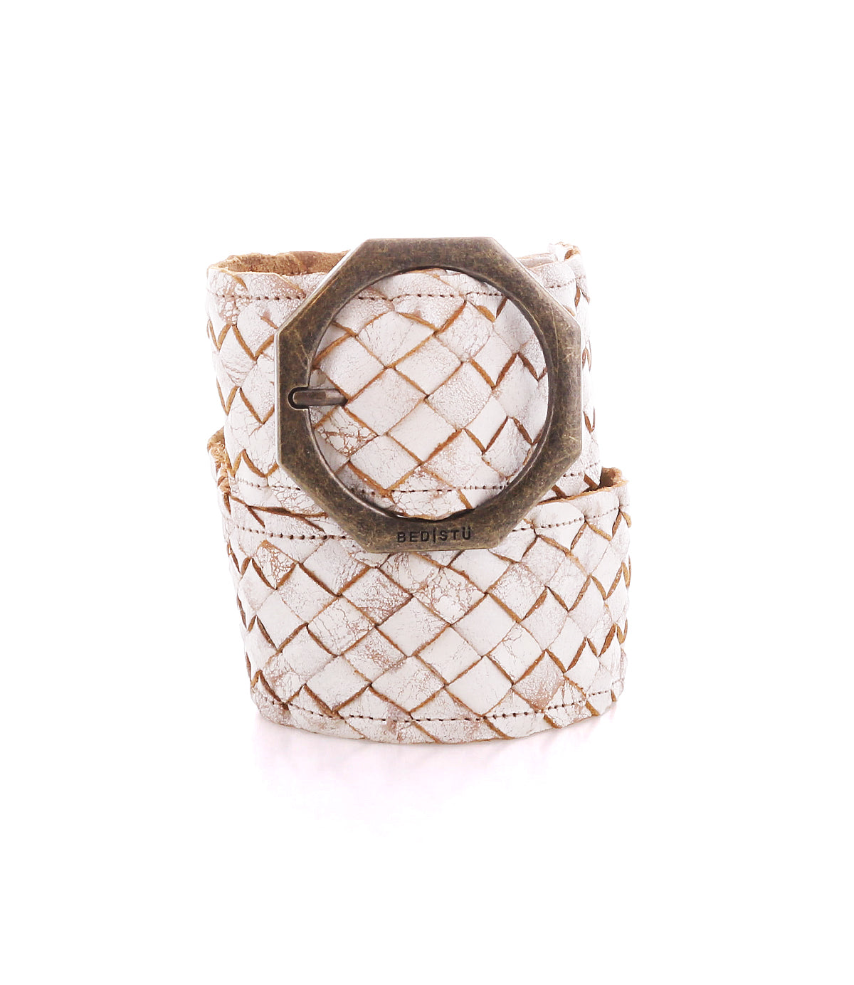 The Bed Stu Dreamweaver is a wide, white vintage-inspired woven leather belt with a large octagonal metal buckle, shown against a white background.