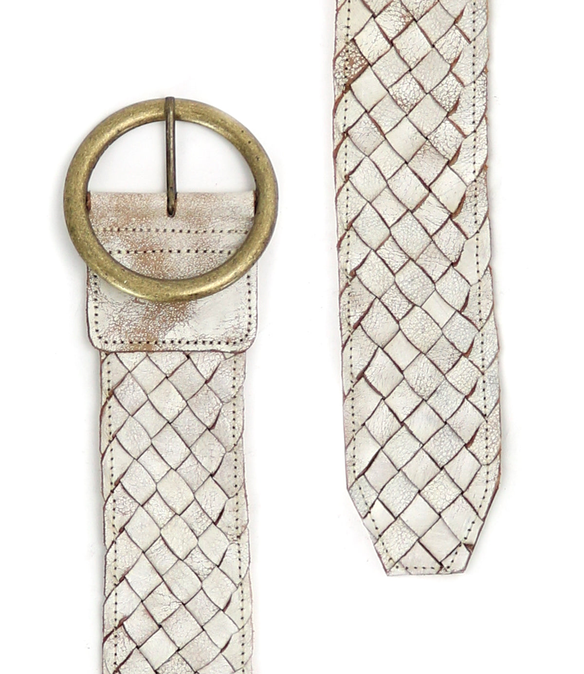 This Dreamweaver belt by Bed Stu combines a classic white leather design with a sleek brass buckle.