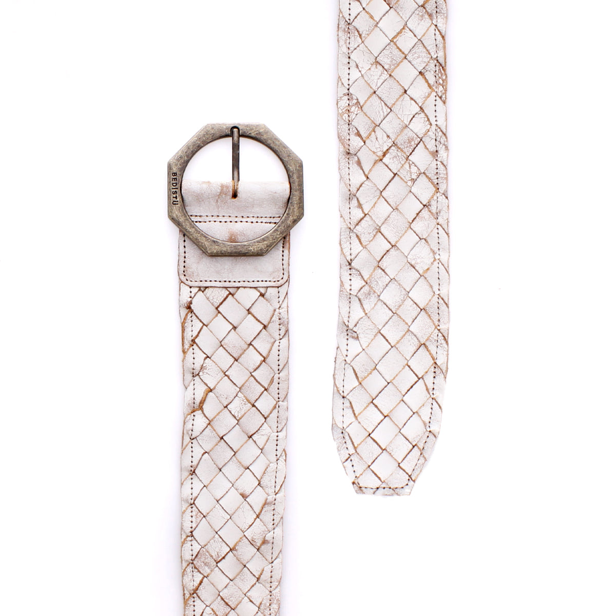 The Bed Stu Dreamweaver is a white woven leather boho belt with a geometric metal buckle, displayed flat on a white background.