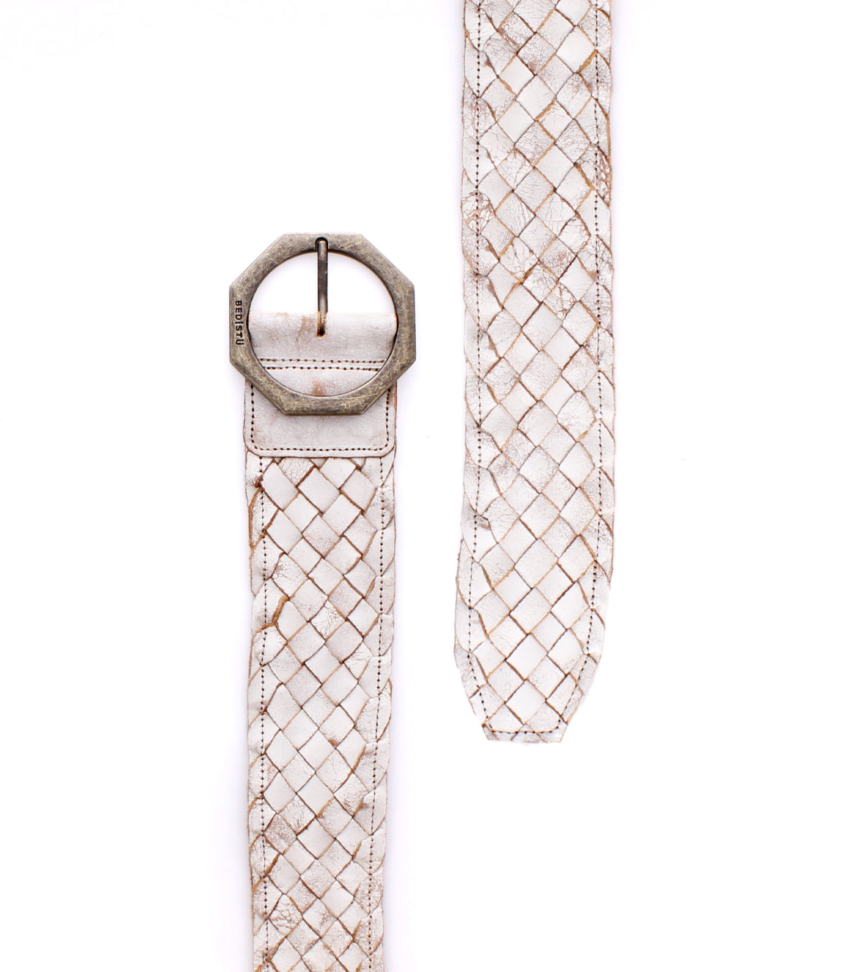 The Bed Stu Dreamweaver is a white woven leather boho belt with a geometric metal buckle, displayed flat on a white background.
