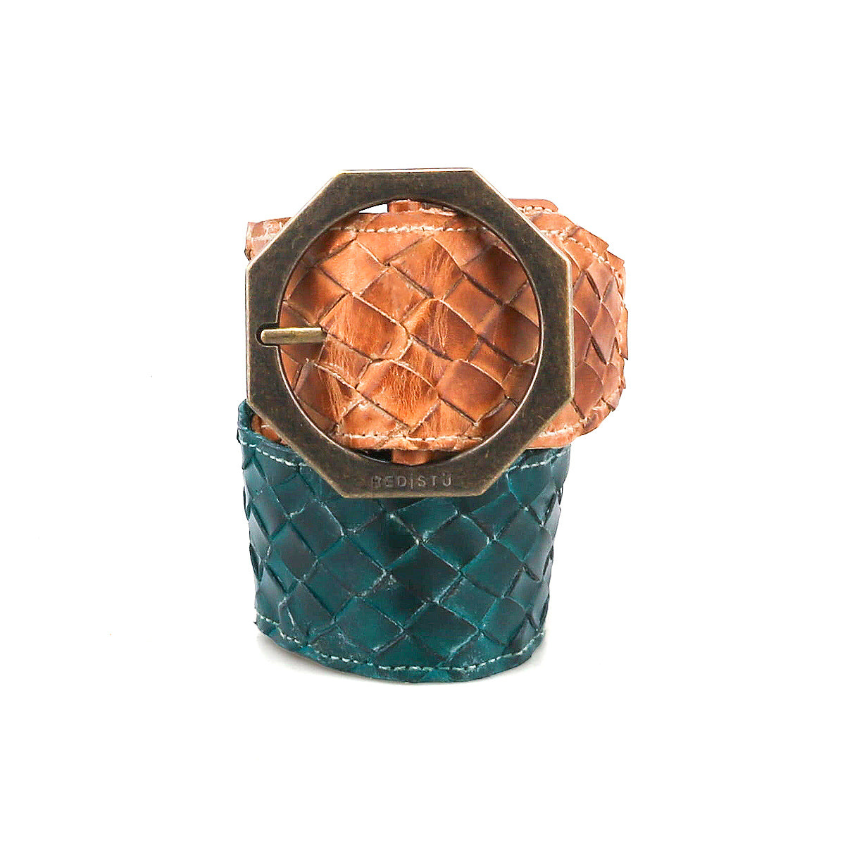The Dreamweaver by Bed Stu is a woven leather bracelet with a wide teal band, narrow light brown band, and an octagonal brass statement buckle—a perfect vintage boho belt-inspired accessory.