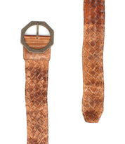 The Dreamweaver belt by Bed Stu features brown distressed leather and a bold, octagonal metal buckle, displayed flat with both the buckle end and tip visible.