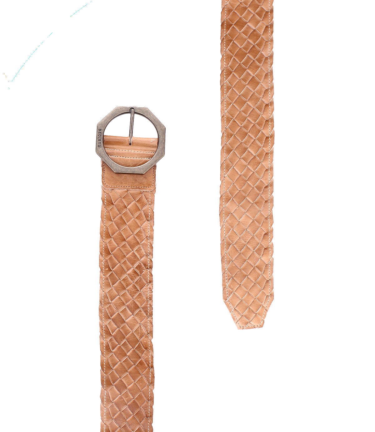 The Bed Stu Dreamweaver belt, in tan woven boho style with a geometric metal buckle, is displayed from the front and at an angle on a white background.