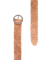 The Bed Stu Dreamweaver belt, in tan woven boho style with a geometric metal buckle, is displayed from the front and at an angle on a white background.